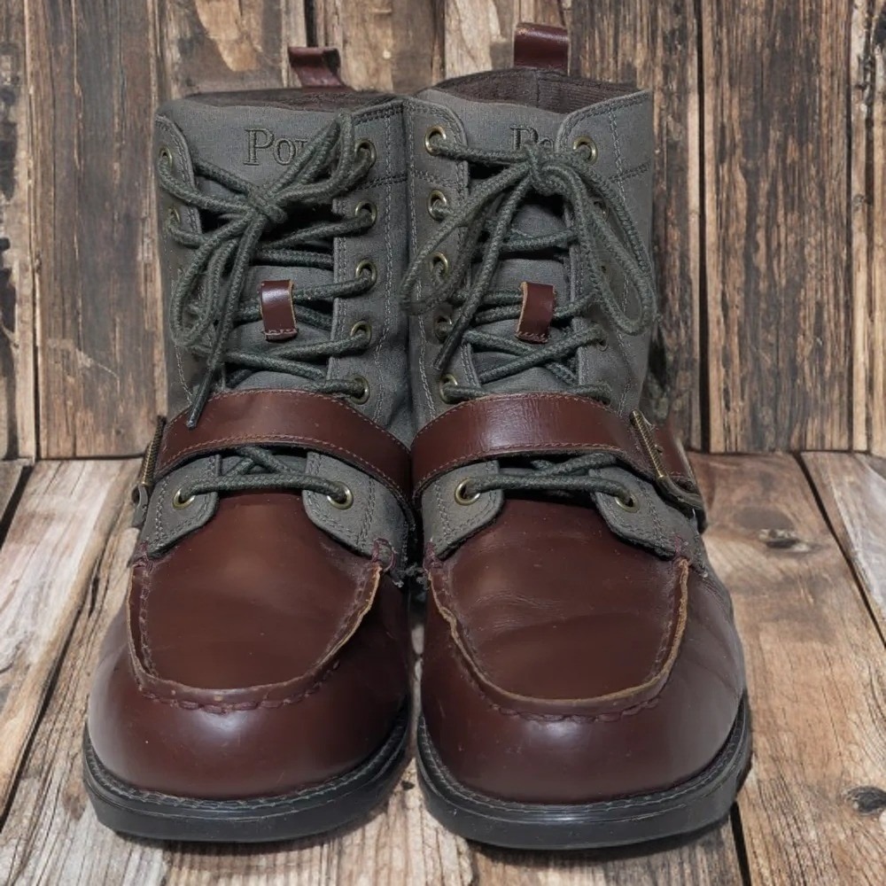 VTG Polo Ralph Lauren Ranger Boots Brown Canvas Leather Buckle Sz 6.5 EUC
